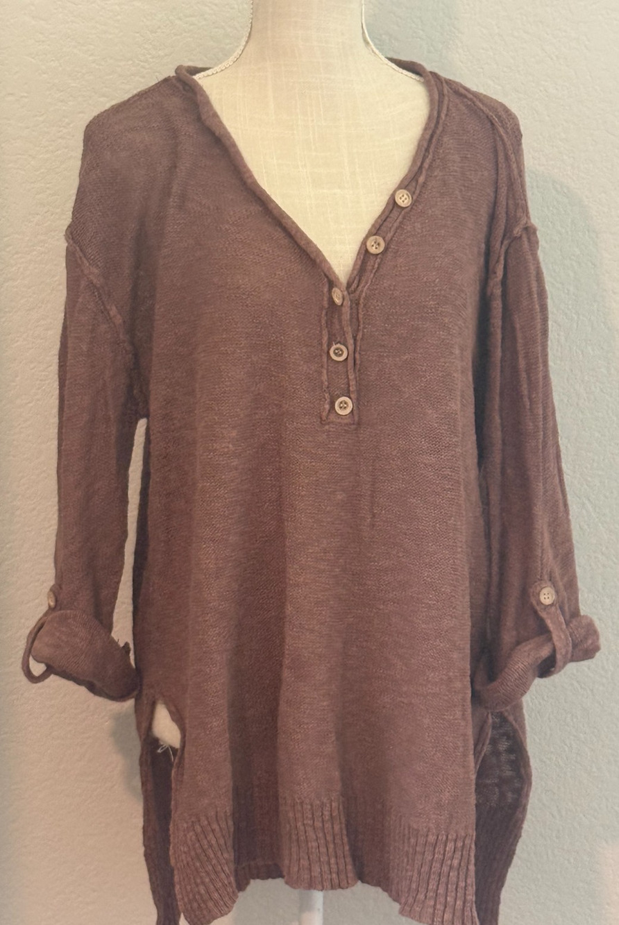 StitchDrop Relaxed Oversized Waffle Tunic Sweater Roll Tab Sleeve Button Medium